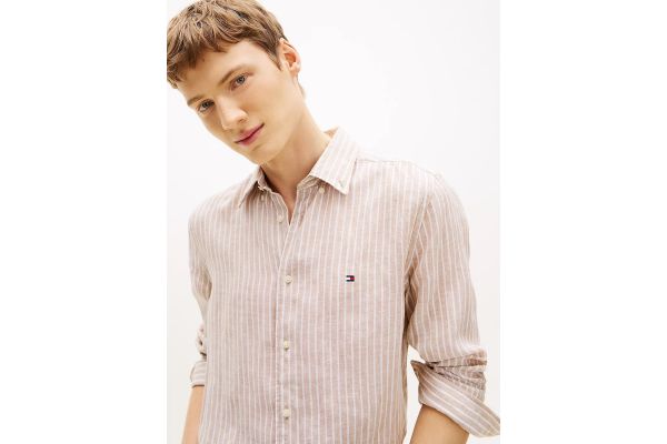 Ανδρικό Λινό Ριγέ Πουκάμισο Μπεζ Tommy Hilfiger MW0MW42400-0BK